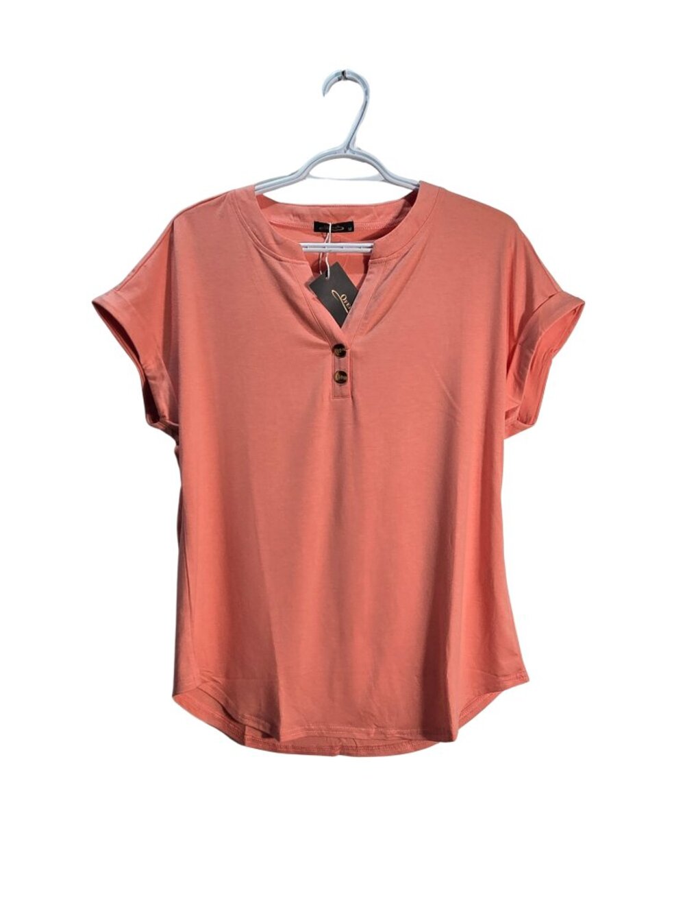NWT | Coral Peach Split Neck Henley Button Accent Rolled Sleeve Top | Medium - Picture 2 of 6